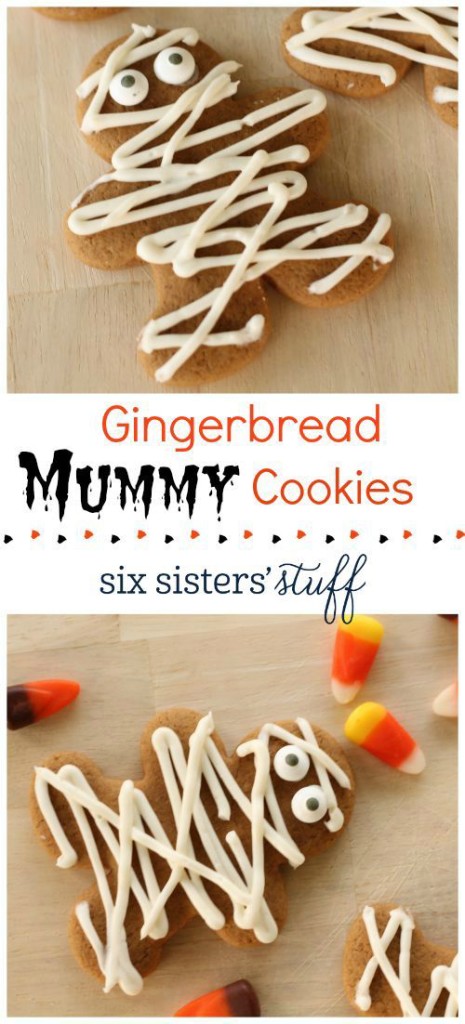  Gingerbread Mummy Cookies with text overlay "Gingerbread mummy cookies Six Sisters Stuff".