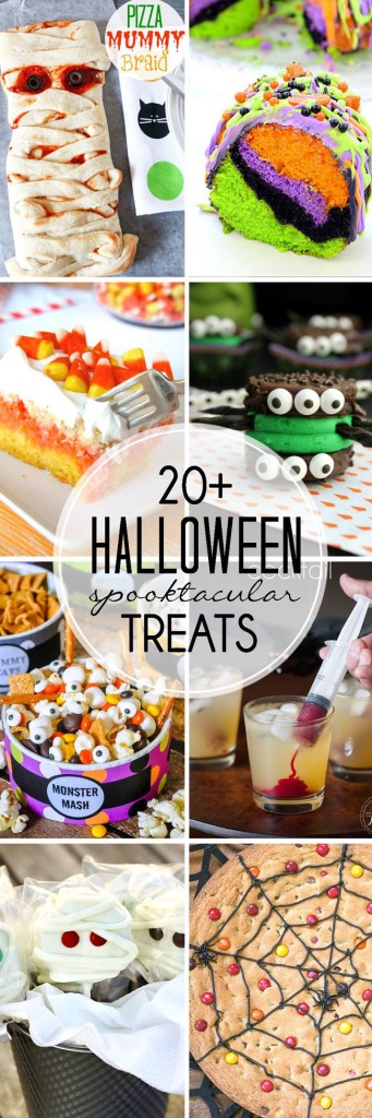  8 square images with Halloween treats and text overlay "20+ Spooktacular Halloween Treats". 