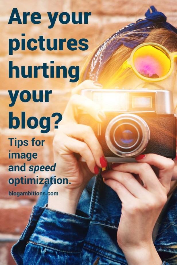 Woman taking a picture using a classic retro style camera - text overlay \"Are your pictures hurting your blog? Tips for image and speed optimization.\"