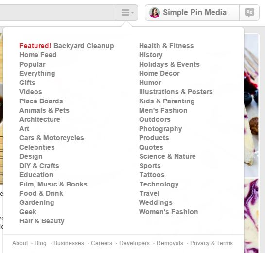 Screenshot of Pinterest categories page. 