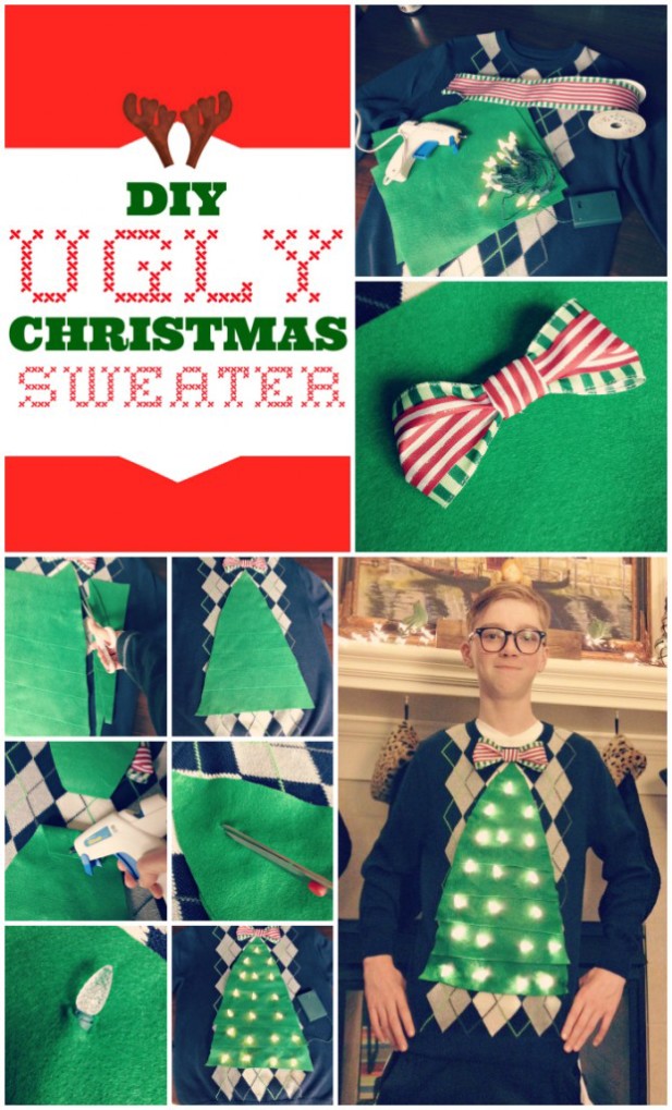  Teen wearing a Christmas tree ugly sweater and text overlay "DIY Ugly Christmas sweater". 