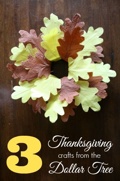  Fake leaf wreath and text overlay "3 Thanksgiving Crafts from the Dollar Tree".