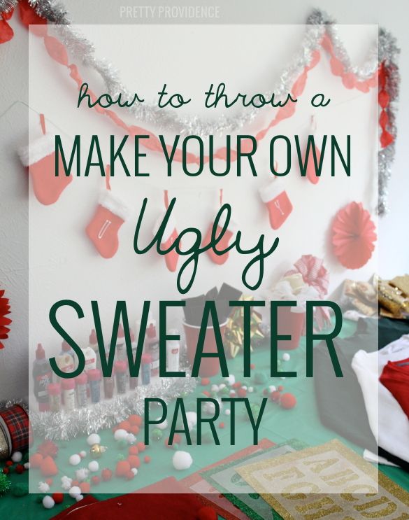 Christmas craft supplies on green table and text overlay "how to throw a Make Your Own Ugly Christmas Sweater Party".