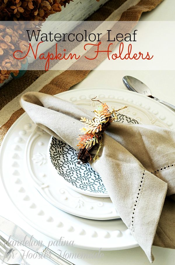 Formal thanksgiving table setting and text overlay "watercolor leaf napkin holders". 