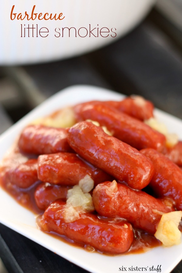 A close up of a plate of food, with Barbecue Little smokies.