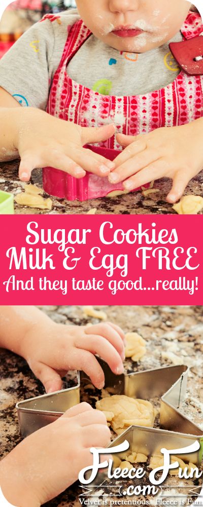 Child cutting out cookie dough for sugar cookies and text overlay \"Sugar cookies: milk & egg free\". 