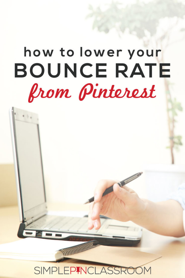 A person sitting at a table using a laptop - text "how to lower your bounce rate from Pinterest".