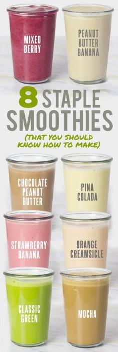 Pinterest pin image of a variety of smoothie types.