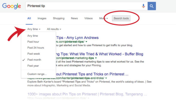 Screenshot of Google Search of "Pinterest Tips" in the past month. 