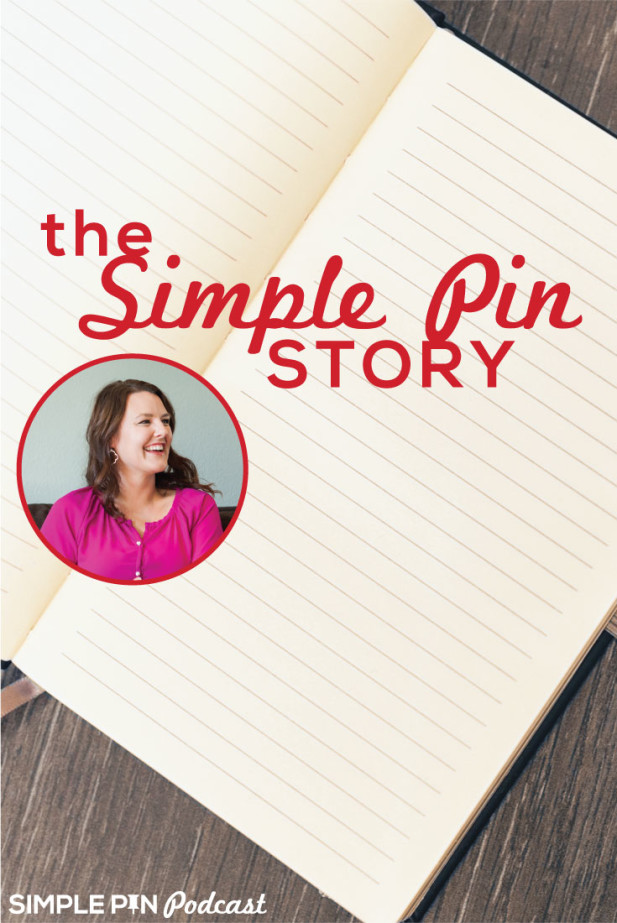 Notebook, picture bubble of Kate Ahl and text overlay "The Simple Pin Story".