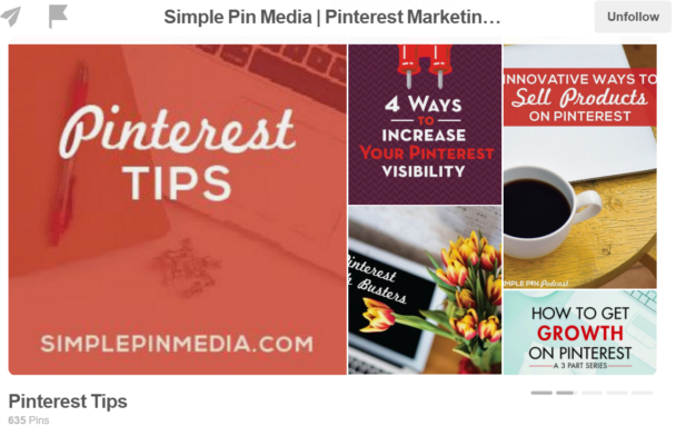 Screenshot of Pinterest Tips Pinterest board in featured boards. 