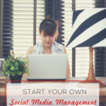 Woman at desk with laptop - text overlay "Start your own social media management business". 