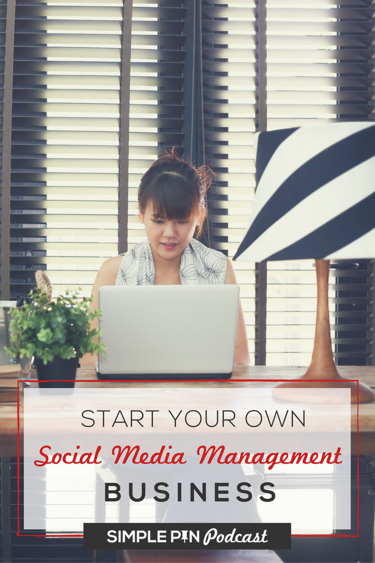 Woman at desk with laptop - text overlay \"Start your own social media management business\". 