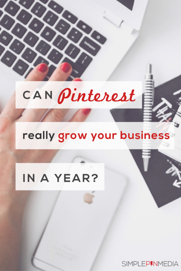 woman's hand on workstation desktop - text overlay "can Pinterest really grown your business in a year?".