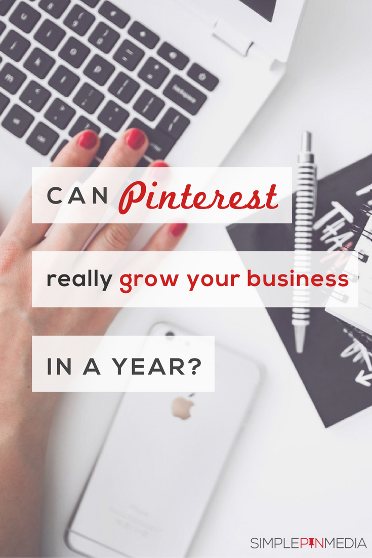 Person using laptop, with iPhone, pen and notebook and text overlay "Can Pinterest really grow your business in a year?".