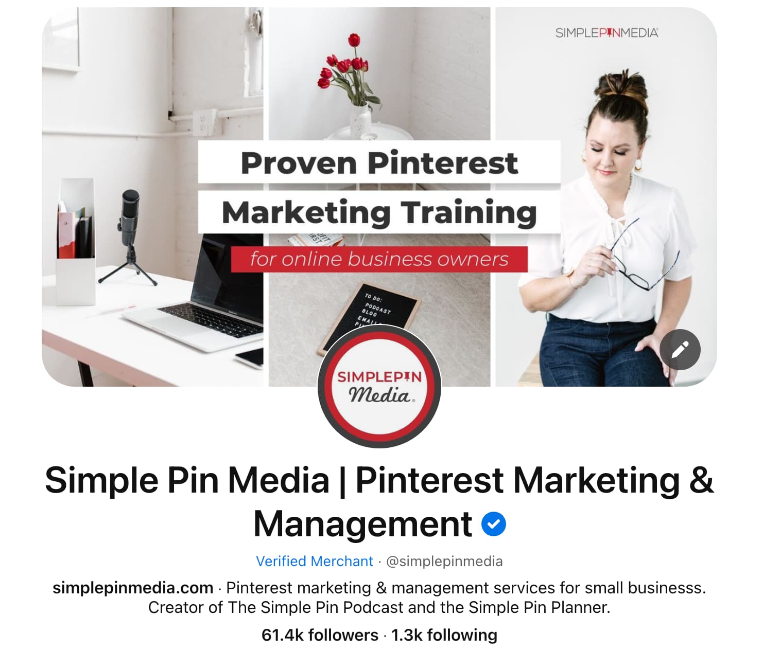example of complete pinterest profile with text "simple pin media pinterest marketing and management".