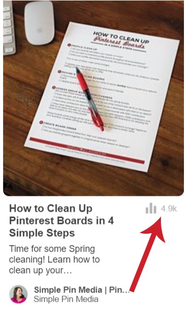 Screenshot of Pinterest pin with arrow pointing to pin metrics.