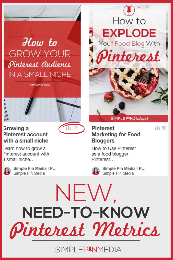 Screenshot of Pinterest feed with highlighted pin metrics and text overlay "New, Need-to-Know Pinterest Metrics".