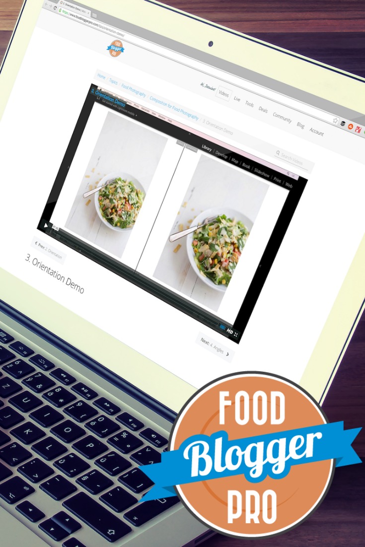 Laptop with image of salad in a bowl on the screen and text overlay "Food blogger pro".