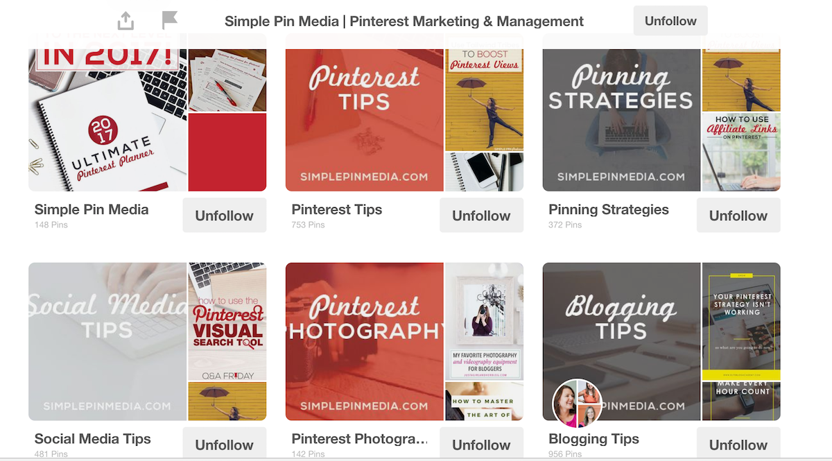 Screenshot of Pinterest profile with boards from Simple Pin Media.