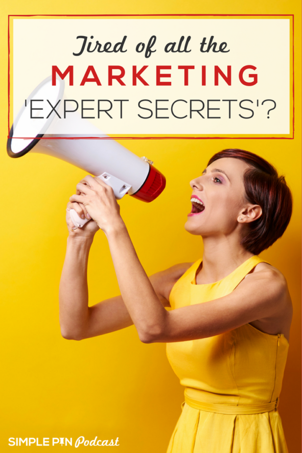 Woman in yellow dress speaking into a megaphone and text overlay "Tired of all the Marketing expert secrets?".