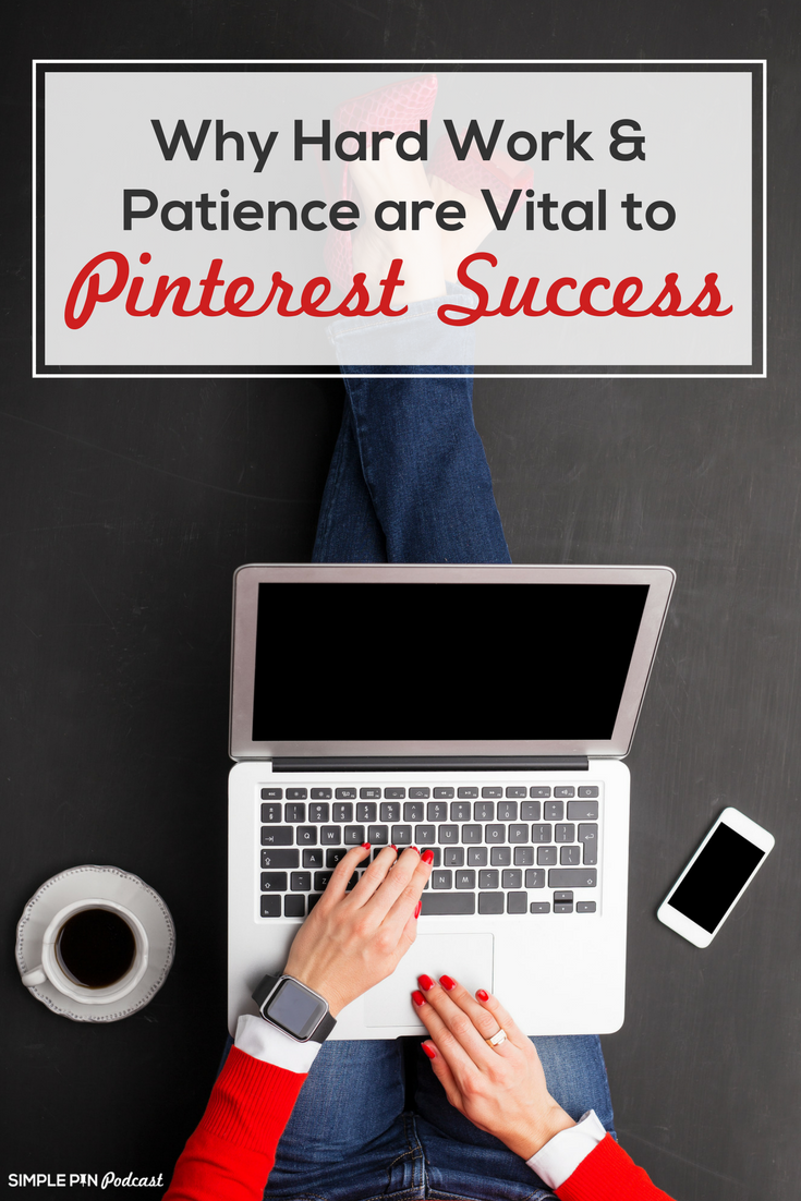 Person at laptop, with coffee, phone and text overlay "Why Hard Work & Patience are Vital to Pinterest Success".