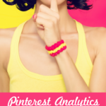 Woman in bright clothing holding index finger up to mouth - text overlay "Pinterest Analytics: Keyword and Image Secrets".