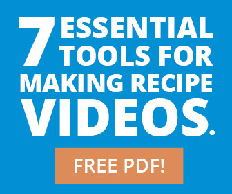 Blue box and text overlay "7 essential tools making recipe videos. Free PDF!".