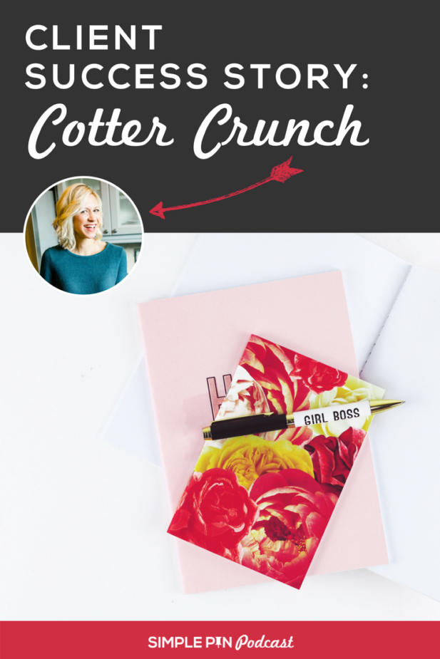Notebook, Girl Boss pen, picture of Lindsay Cotter and text overlay "Client success story: Cotter Crunch".
