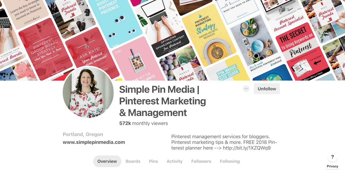 Screenshot of Simple Pin Media Pinterest profile.