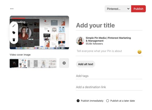 screenshot of adding video pins to pinterest.