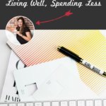 Flatlay with keyboard and pen, text overlay "Pinterest success story Living Well Spending Less"