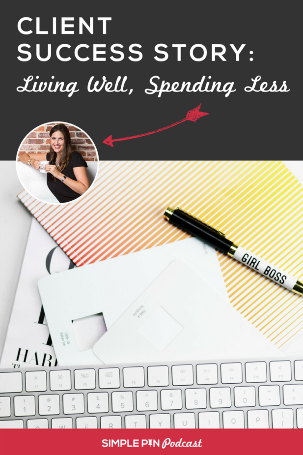 Flatlay with keyboard and pen, text overlay "Pinterest success story Living Well Spending Less".