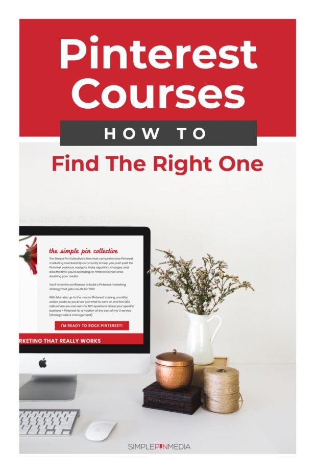 Computer screen, vase with flowers, boxes, containers and text overlay "Pinterest Courses: How to Find Right One".