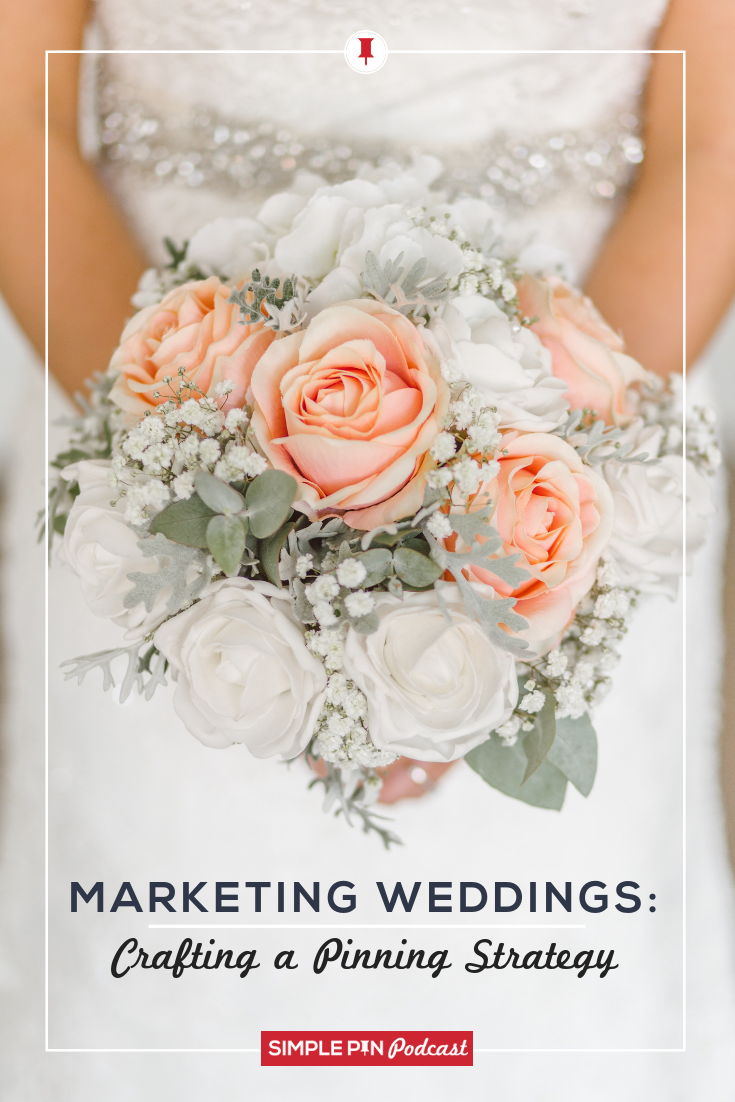 Bride holding wedding flower bouquet and text overlay "marketing weddings: crafting a pinning strategy".