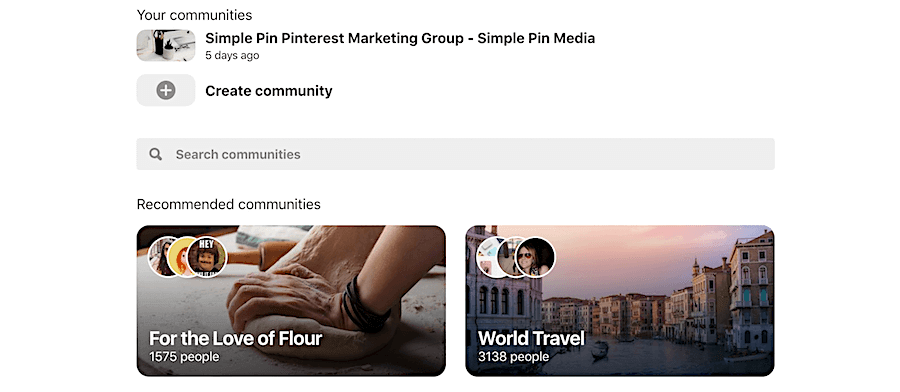 Screenshot of Pinterest communities search page.