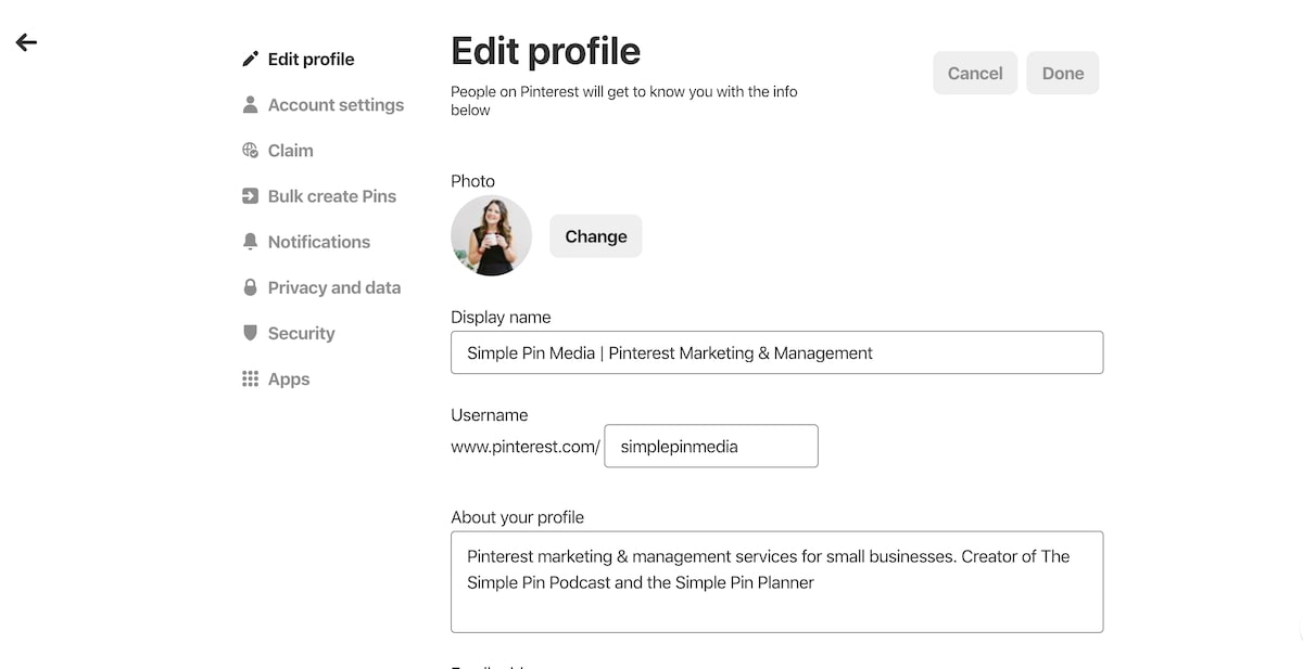 screenshot of Pinterest profile.