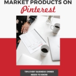 desk with computer and workbook with text overlay "Marketing products on Pinterest"