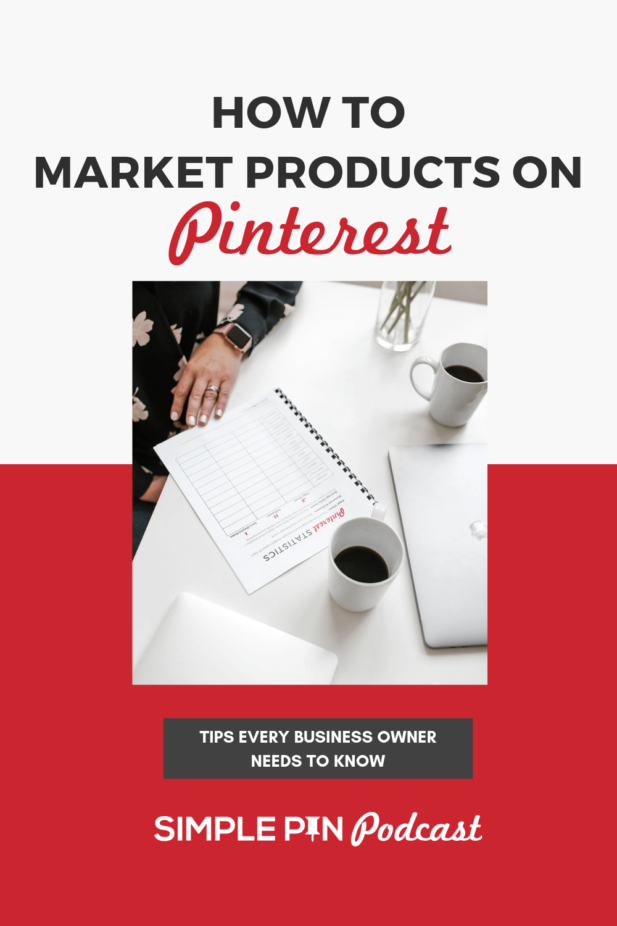 desk with computer and workbook with text overlay "Marketing products on Pinterest".