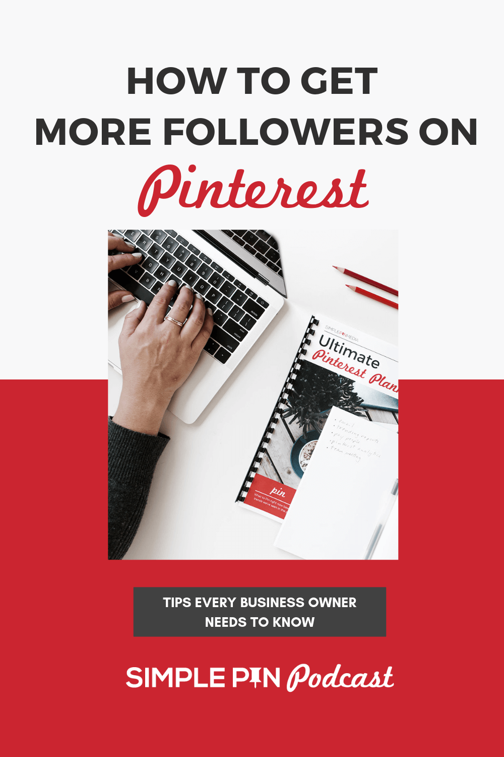 woman typing on laptop with text overlay "How to get more followers on Pinterest".
