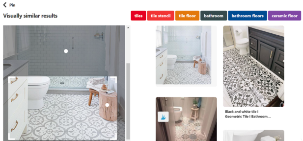Screenshot of Pinterest visual search tool results.