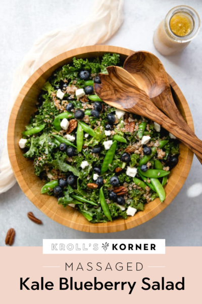 Pin image example for Krolls Korner with text "massaged kale blueberry salad".