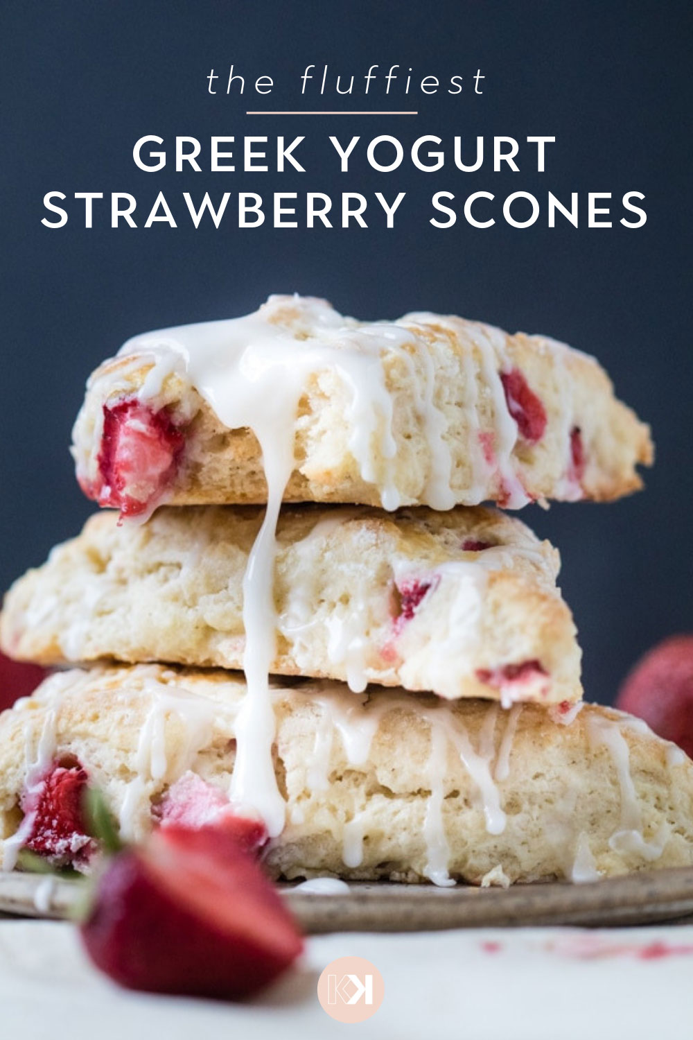 Pin image example for Krolls Korner with text "the fluffiest greek yogurt strawberry scones".