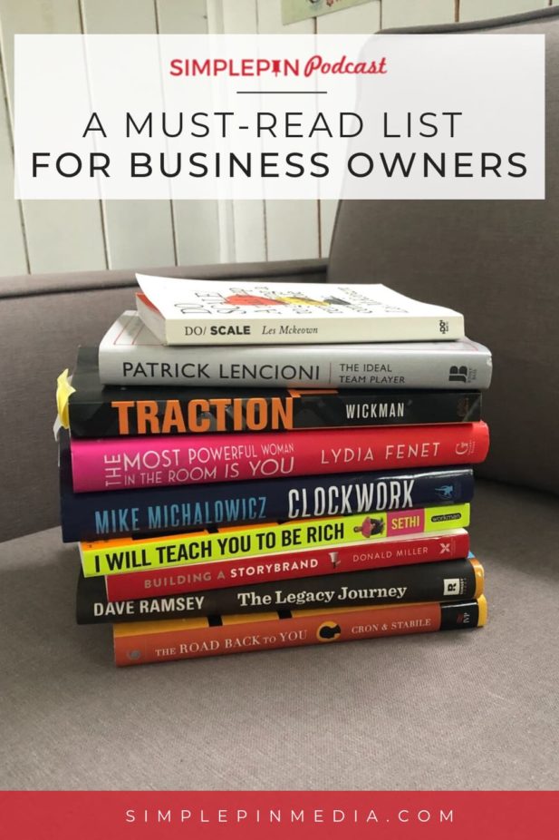 stack of business books on a sofa with text overlay "A Must-Read List for Business Owners".