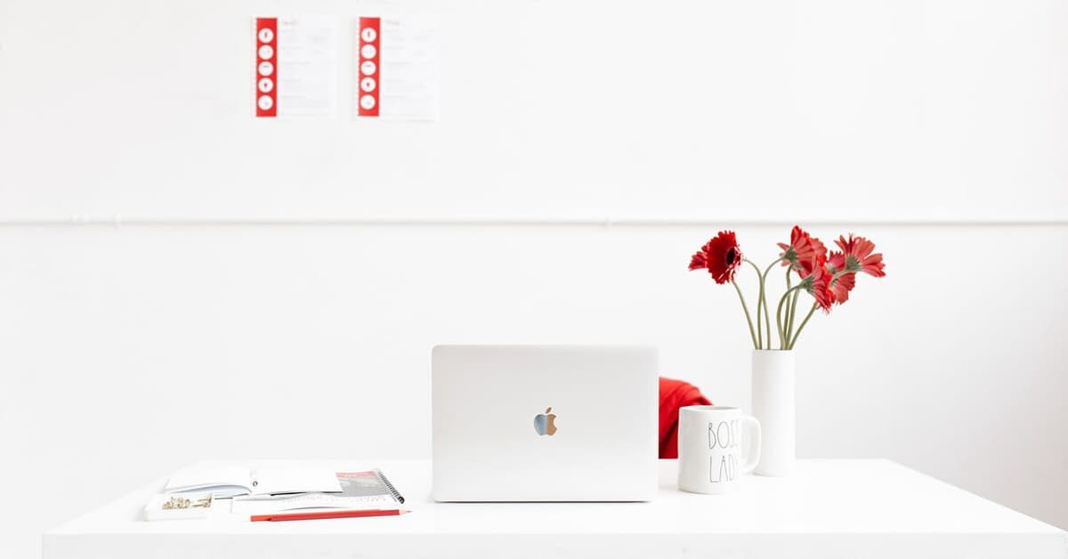 laptop, coffee mug and vase with flowers on desktop.