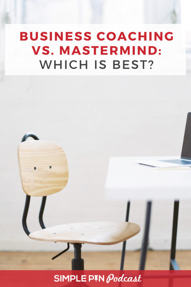 desk chair with desk and text overlay "Business Coaching vs Mastermind - Which Is Best?".