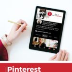 woman's hands with tablet on desktop. Text overlay "Pinterest Group Boards for Photographers"