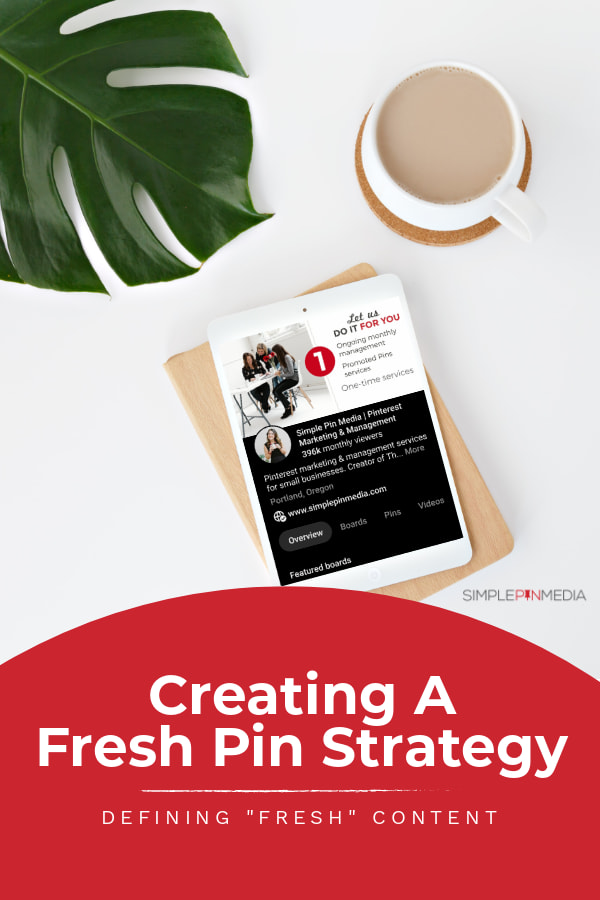 tabletop with ipad, cup of coffee and plant. Text overlay "Creating a fresh pin strategy: Defining Fresh Content"