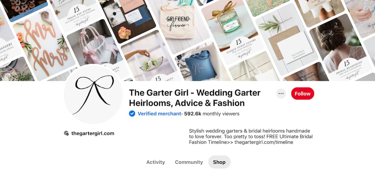 A screenshot of the Pinterest profile header of The Garter Girl - shows a header image collage of wedding-themed Pins, a circular profile image, profile name with a Pinterest Verified Merchant badge, and profile description.