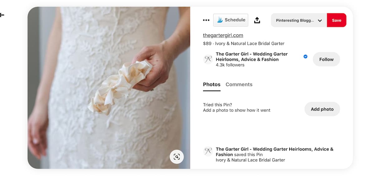 A screenshot of a Pinterest Catalog posting - a new product pin image of a Bride in a wedding dress, holding an ivory lade garter, and a product description.